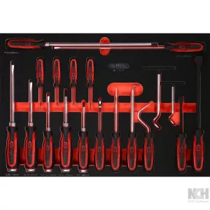 skruvmejsel- och krok-sats i skuminsats. 19 delar