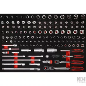 1/ 4"+ 3/8" hylsnyckel-sats i skuminsats. 142 delar