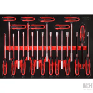 T-handtag- vinkelstiftsnyckel-sats i skuminsats. 18 delar