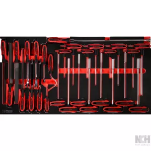 T-handtag- vinkelstiftsnyckel- och fil-sats i skuminsats. 28 delar