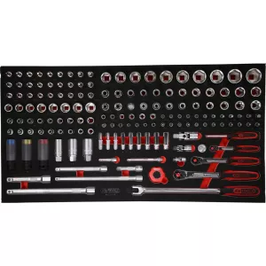 1/4" + 3/8" + 1/2" hylsnyckelsats i skuminsats. 156 delar