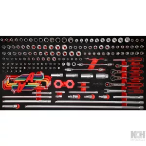 1/ 4"+ 3/8" hylsnyckel-sats i skuminsats. 183 delar