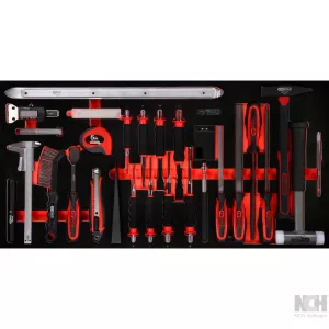 Hammare-/mejsel-/ och mätverktyg-sats i skuminsats. 36 delar