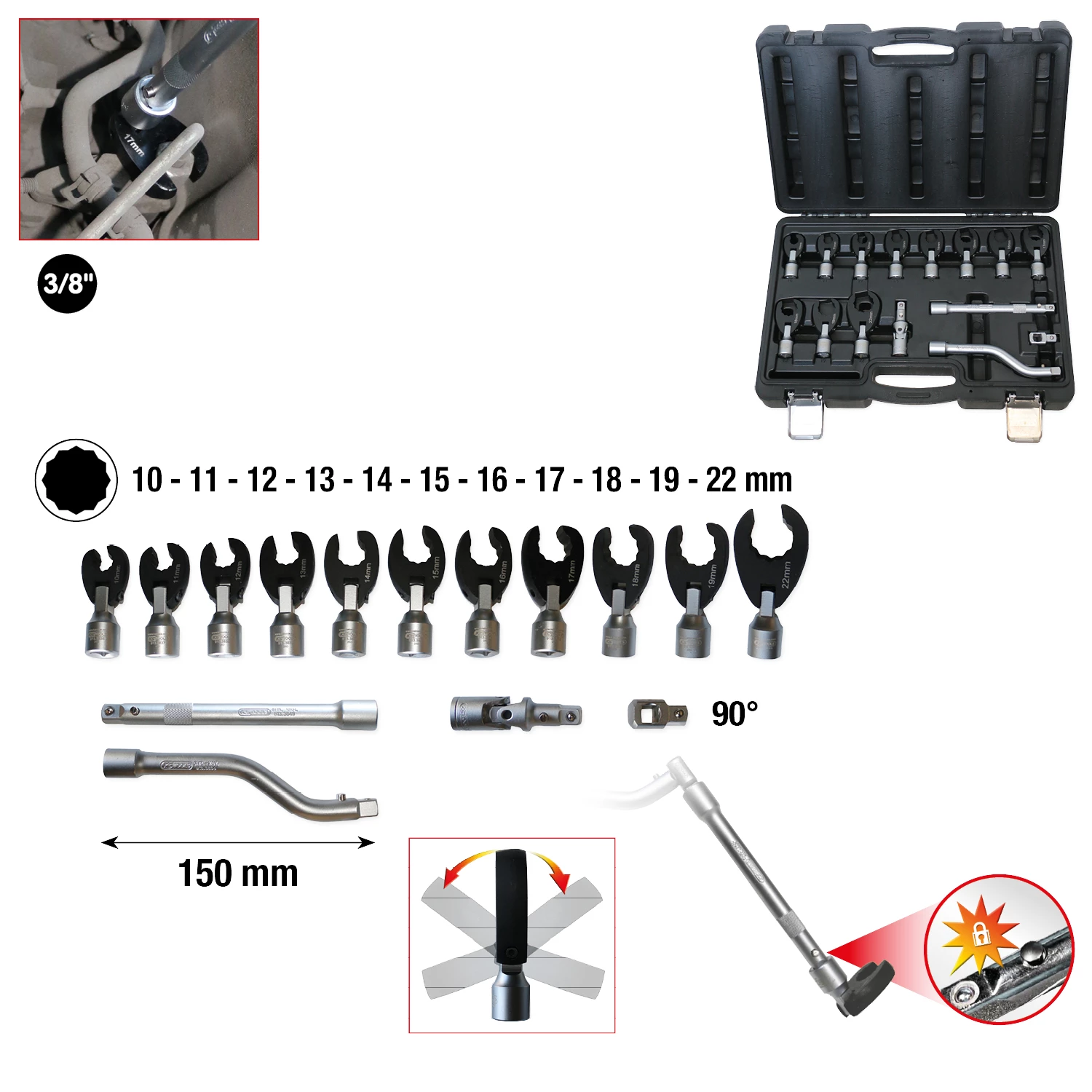 3/8" 12-kantig hyls-blocknyckel-sats med led. 15 delar. 10-22 mm