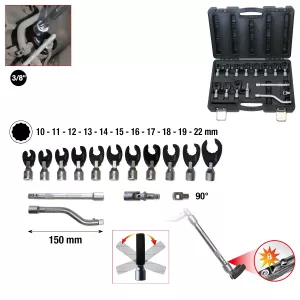 3/8" 12-kantig hyls-blocknyckel-sats med led. 15 delar. 10-22 mm