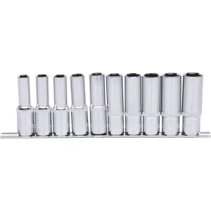 1/2" CHROMEplus sexkant-hylssats. lång 10-delar. 10-19mm