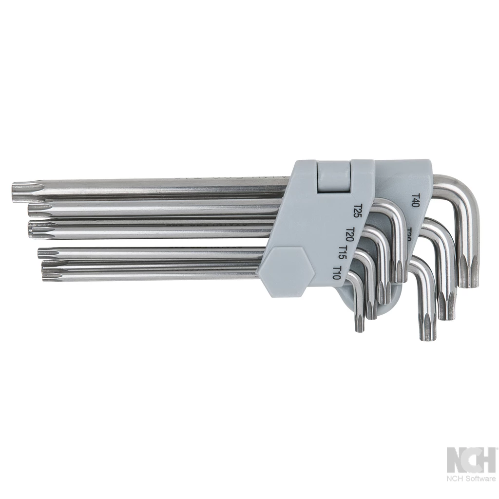 ROSTFRITT STÅL Torx-vinkelstiftnyckel med borrhål. lång. 7-delar