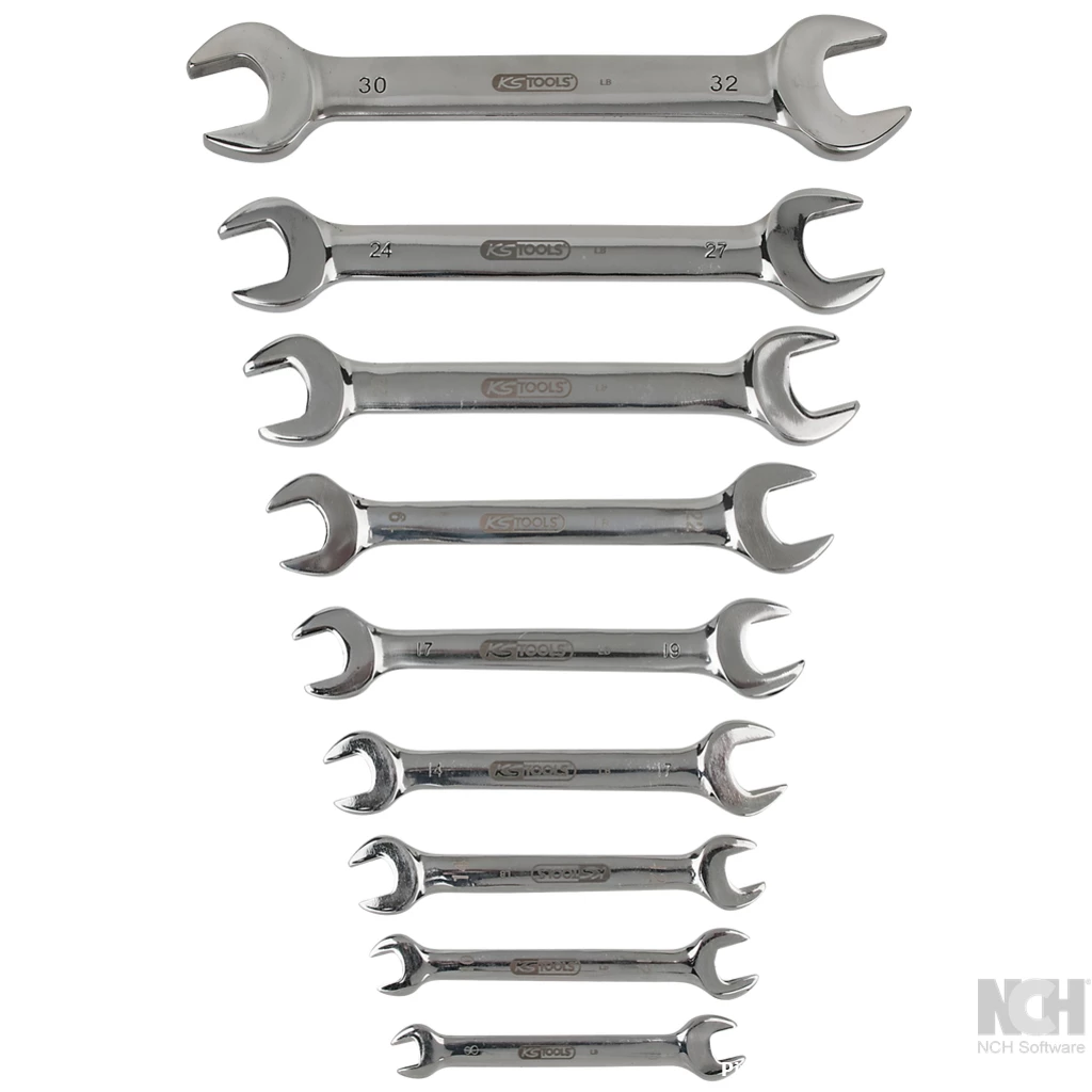 ROSTFRITT STÅL dubbel-gaffelnyckel-sats. 9-delar. vinklad