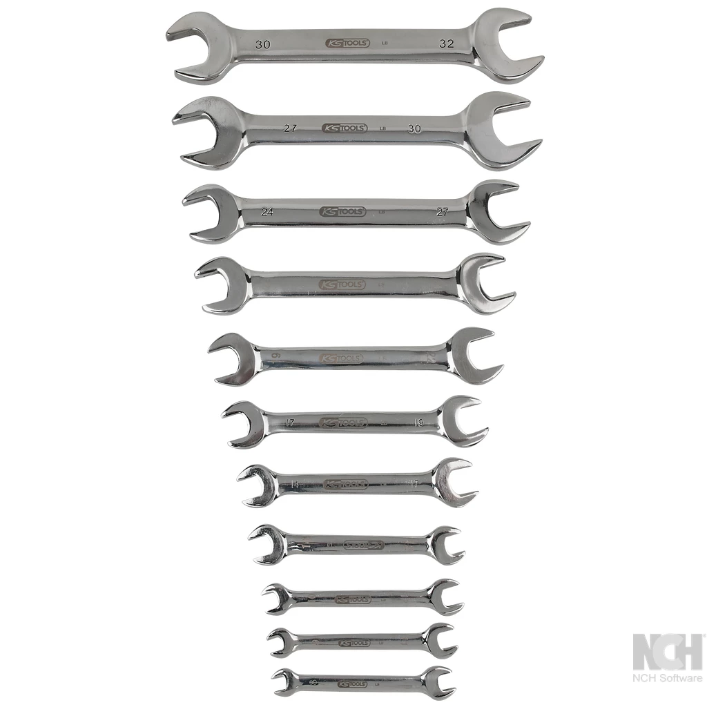 ROSTFRITT STÅL dubbel-gaffelnyckel-sats. 11-delar. vinklad