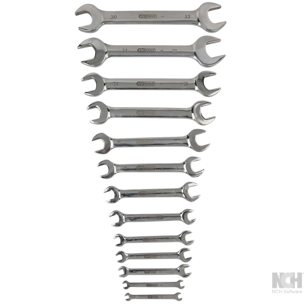 ROSTFRITT STÅL dubbel-gaffelnyckel-sats. 13-delar. vinklad