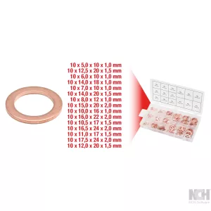 Sortiment koppar-tätningsringar. Ø 5-17.5mm. 150-delar