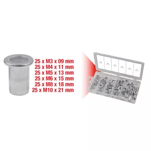 Sortiment gängnitar. aluminium. M3 x 9 mm - M10 x 21 mm. 150-delar