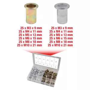 Sortiment gängnitar. stål och aluminium. M3 x 9 mm - M10 x 21 mm. 300-delar
