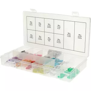 Sortiment minisäkringar. 2-30 A. 100 delar