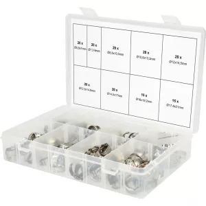 Sortiment steglösa slangklämmor med 1 ögla. Ø 5.8-21mm. 170 delar
