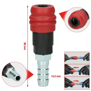 2 stegs tryckluftssäkerhetskoppling med slangbussning. 14.5mm