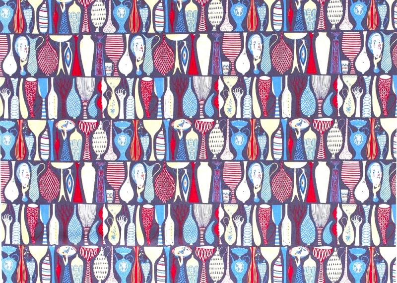 Tyg på metervara, mönster POTTERY av Stig Lindberg, multi