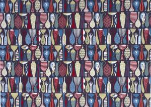 Tyg på metervara, mönster POTTERY av Stig Lindberg, blåsvart