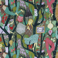 Tyg på metervara, mönster MELODI av Stig Lindberg, grön bottenfärg