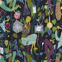 Tyg på metervara, mönster MELODI av Stig Lindberg, svart bottenfärg