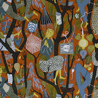 Tyg på metervara, mönster MELODI av Stig Lindberg, orange bottenfärg