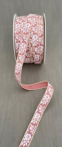 Textilband, gammalrosa band, vita små blommor, beige bågad öglekant