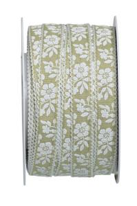 Textilband, ljusgrönt band, vita små blommor, vit bågad öglekant