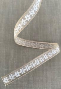 Textilband, linnefärgad med tryckta vita små blommor och ståltrådskant