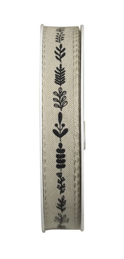 Textilband, BLAD, Bredd 15mm, linnefärgat band med svarta kvistar