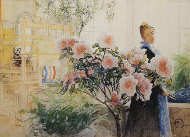 Väggbonad Blomster, tryckt målning av Carl Larsson, Rosa Stl.90x136cm