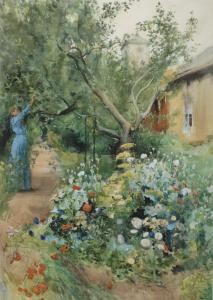 Väggbonad Blomsterträdgård, tryckt målning av Carl Larsson, Grön, Stl.136x90cm