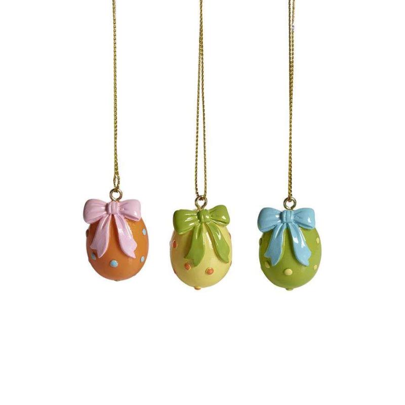 Hängande Påskägg med rosett, sorterade färger, 3 pack, innehåller tre olika. Höjd ca 4cm, Orange, Gul, Grön