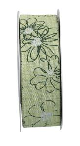 Textilband i ljusgrönt med mörkgröna tryckta blommor