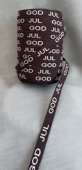 Textilband, brunt band med beige text GOD JUL