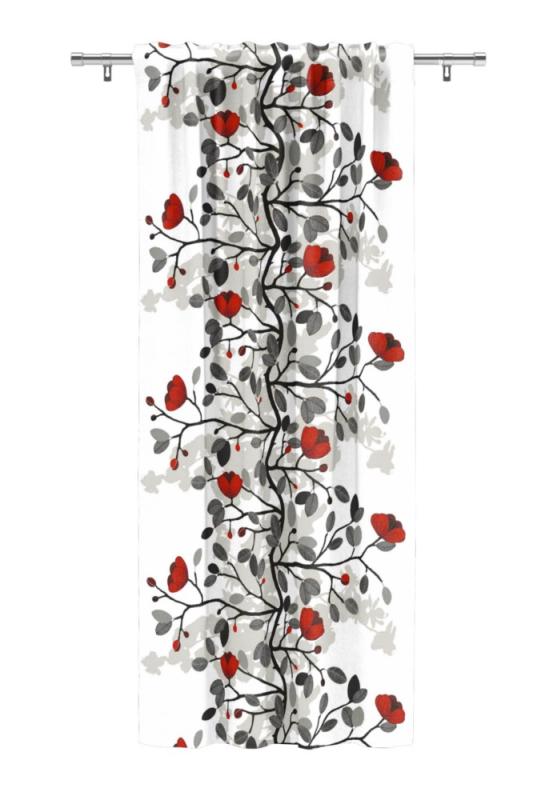 Gardin Ofelia, 1 pack stl.140x240, kvistar och blad i grått och svart med röda blommor.
