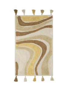 Matta Swirl, tuftad matta i vågformat mönster med tofsar, beige, brun och gul, stl. 90x130cm