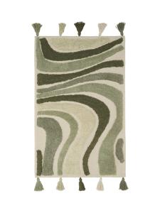 Matta Swirl, tuftad matta i vågformat mönster med tofsar, beige och grön, stl. 90x130cm