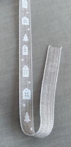 Textilband HUS, i linnefärg med vita hus och granar, vit tråd i kanten