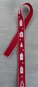 Textilband HUS, i rött med vita hus och granar, linnefärgad tråd i kanten