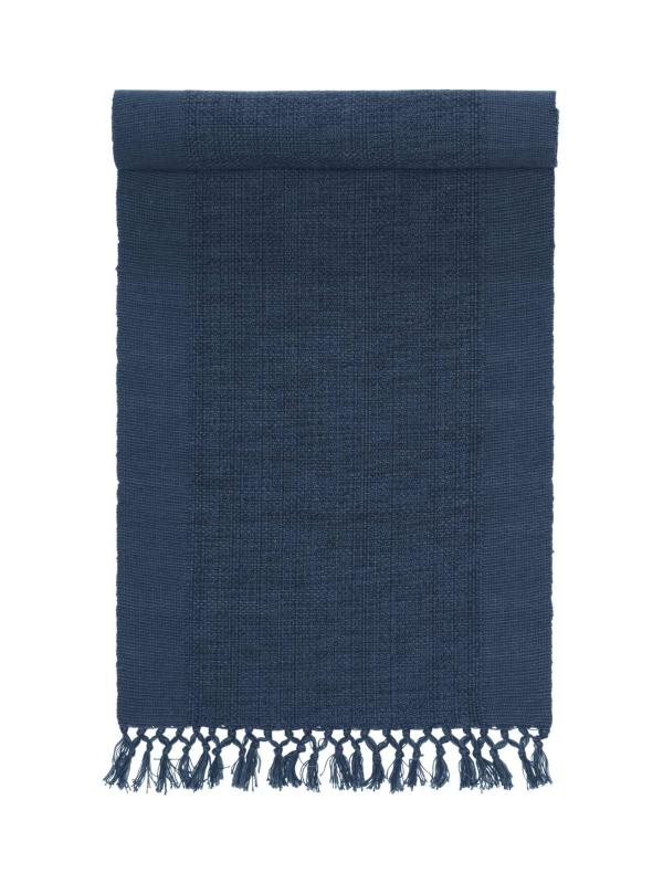 Panama Löpare med bred rand i mitten och frans, Mörkblå, Stl: 35x120cm