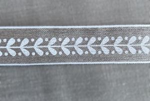 Textilband, linnefärgad med vitt tryckt myrtenmönster, vit ståltrådskant