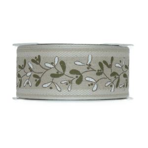 Textilband, vävt linnefärgat band med myrtenmönster i vitt och grönt och med vit dekorkant