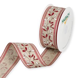Textilband, vävt linnefärgat band med myrtenmönster i vitt och rött och med röd dekorkant