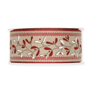 Textilband, vävt linnefärgat band med myrtenmönster i vitt och rött och med röd dekorkant