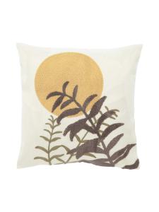 Kuddfodral Zen med broderad sol och blad i gult och brunt, Stl: 45x45cm