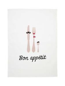 Kökshandduk med tryckt text Bon Appetit och festliga humoristiska bestick, Rosa, Stl: 50x70cm