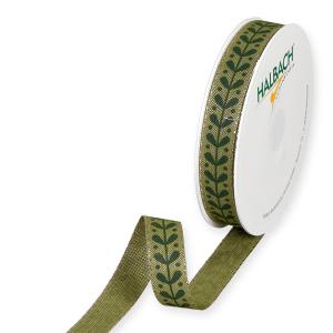 Textilband, grönt med mörkgrönt tryckt myrtenmönster med guldtråd i kanten