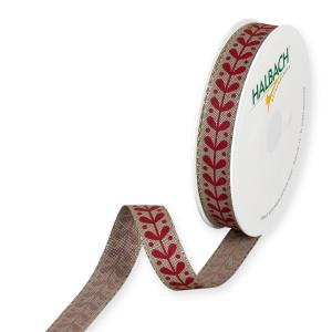 Textilband, linnefärgad med rött tryckt myrtenmönster med guldtråd i kanten