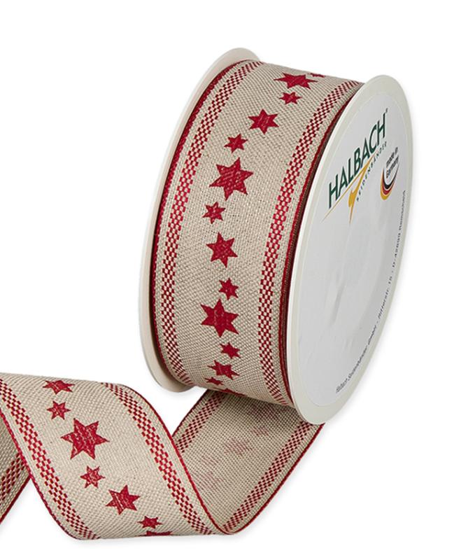 Textilband, linnefärgad med tryckta röda stjärnor och röd stickning i kanten