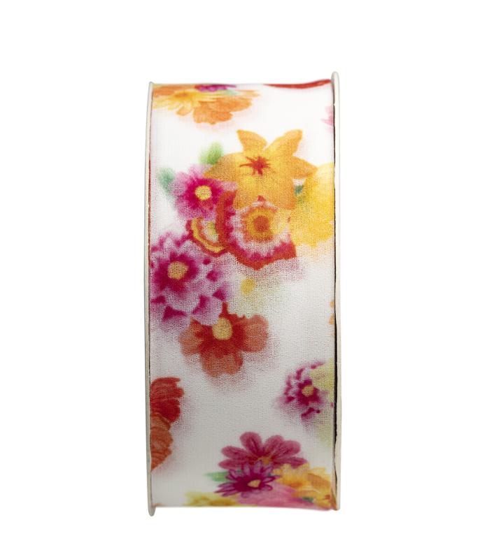 Textilband med färgstarka blommor i rött, rosa, gult och orange i chiffon, bredd 40mm
